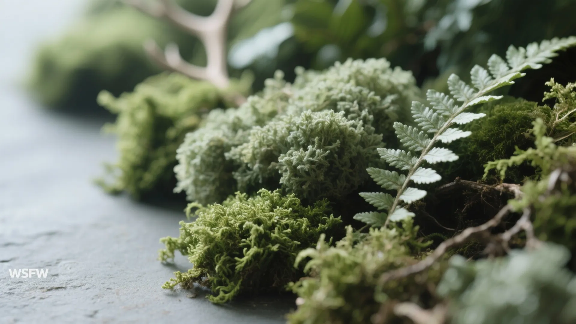 Close up of green moss and small fern leaves growing on a dark grey surface
