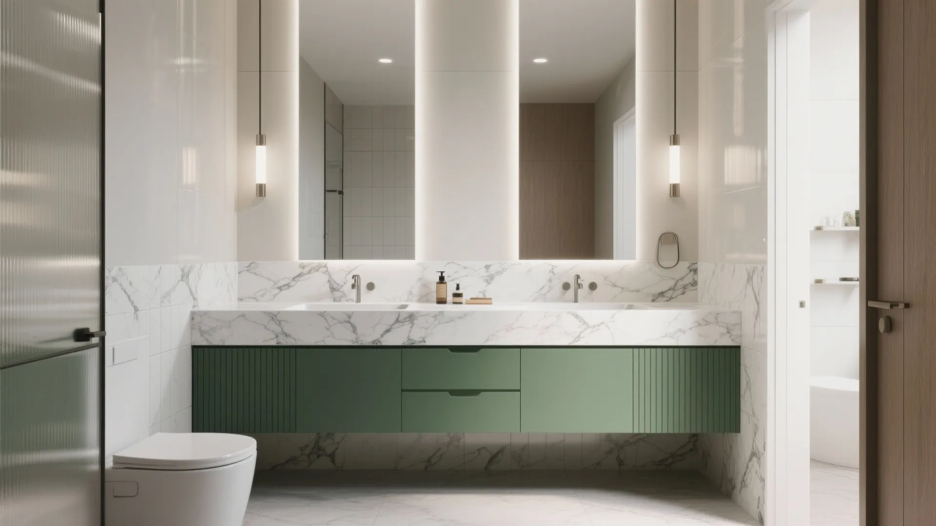 Modern bathroom with marble countertop green cabinet large mirrors wall lights and white toilet interior