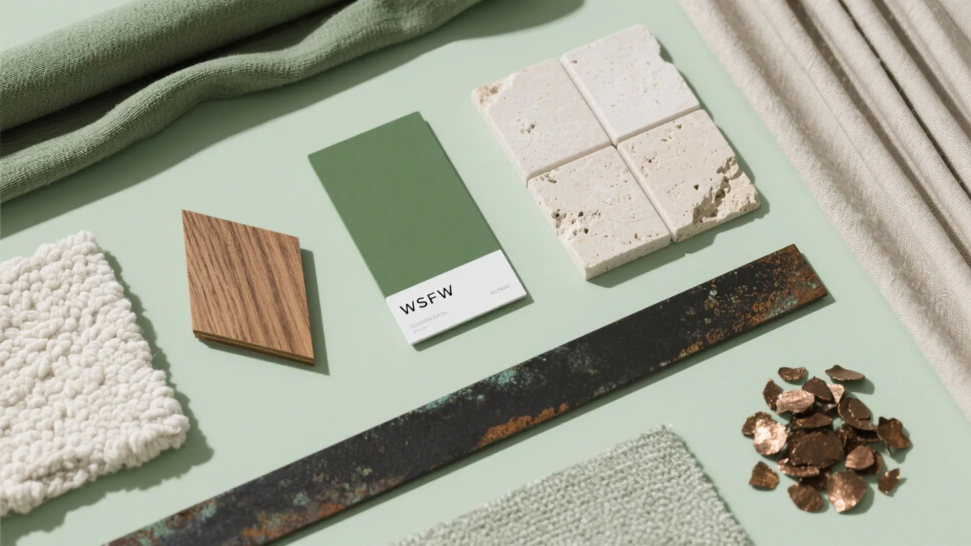 Interior design material board with green color samples wood tiles fabric textures and natural stone pieces