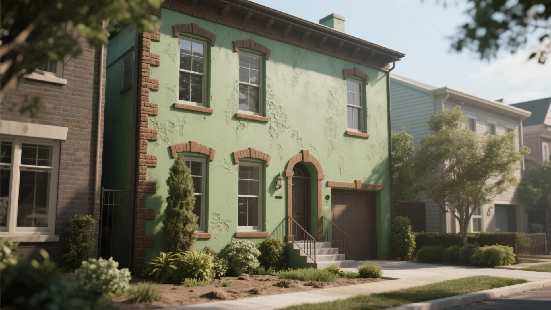 Townhouse facade in soft moss-green paint with warm mortar and walnut trim under soft daylight.