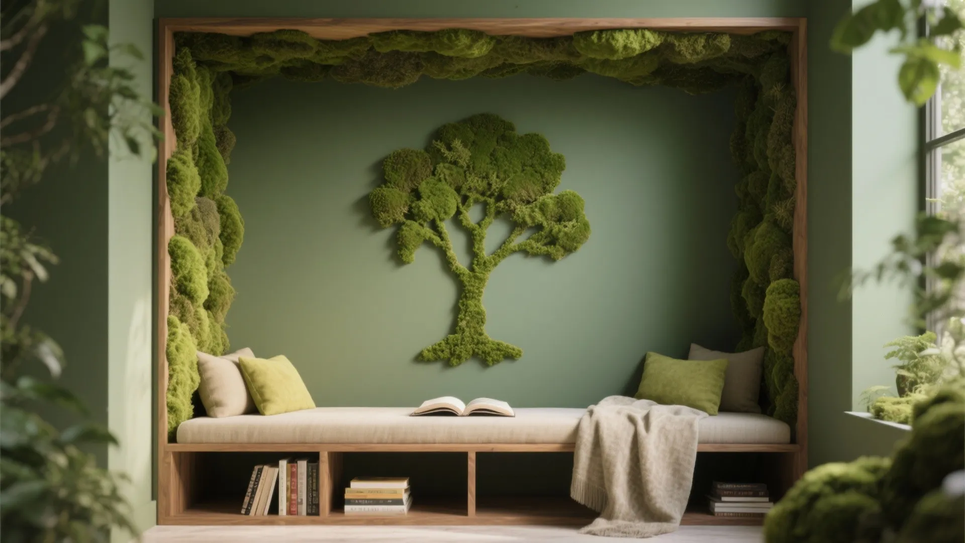 Modern green reading nook with tree moss wall art, white bench, cushions, blanket and books
