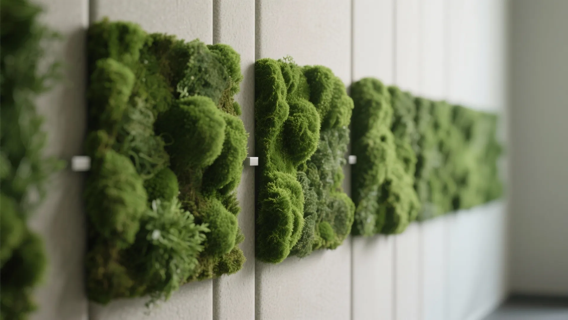 Close up of square green moss wall panels mounted on a light grey textured wall