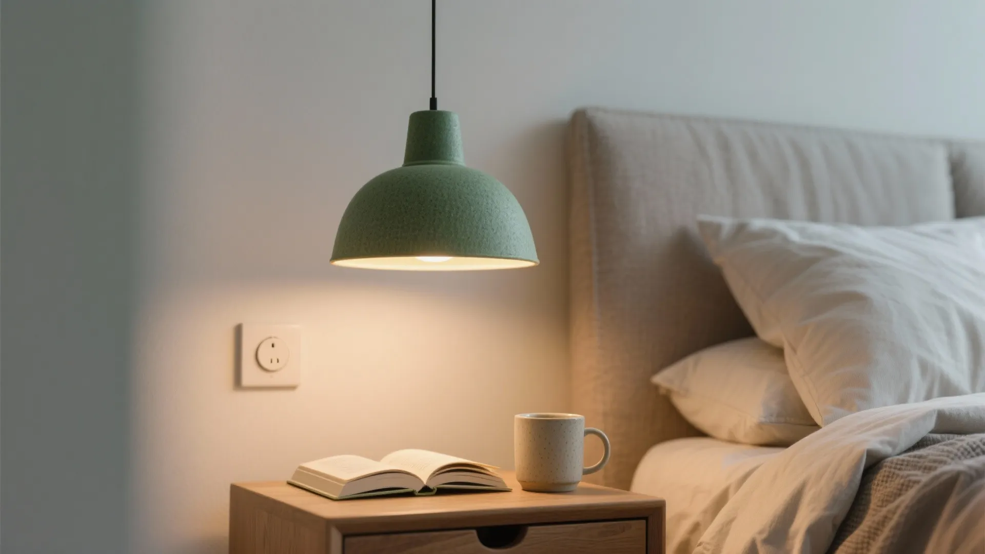 Wooden nightstand with open book and mug under a green ceiling light in cozy bedroom