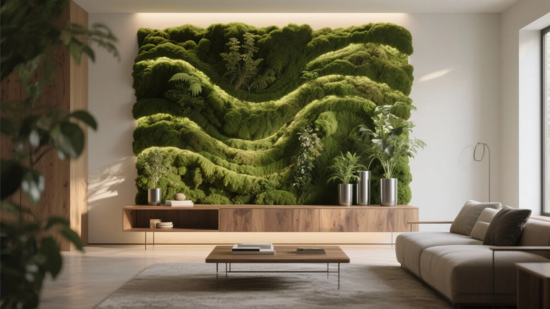 4) Biophilic 3D Wall: Moss, Planters, and Texture