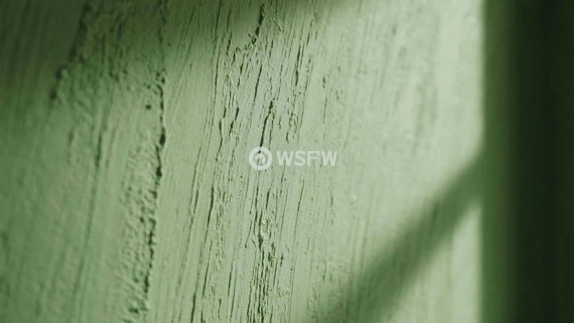 Close up of textured green wall with brush marks and shadows from sunlight through windows