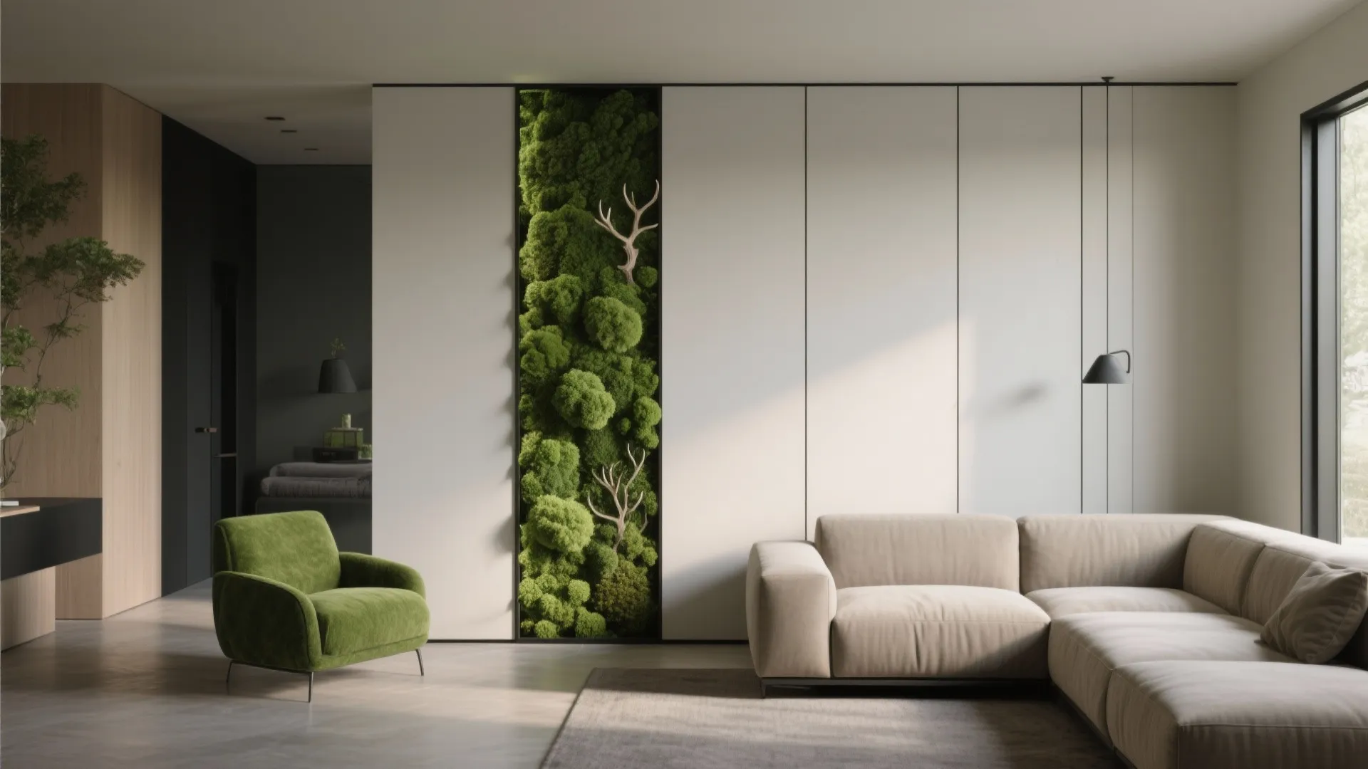 Minimalist moss wall panels for calm acoustics