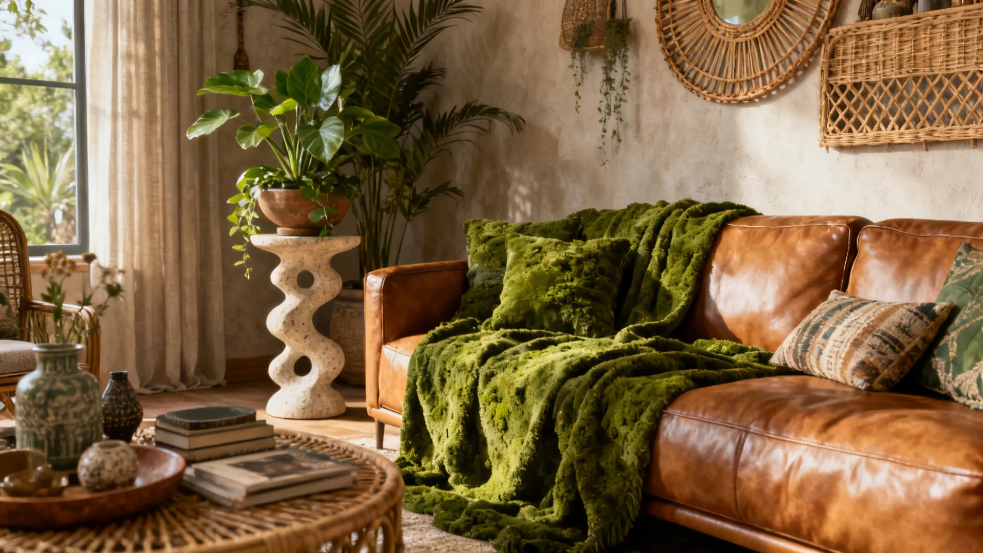 4. Eclectic Boho: Moss, Tan Leather, and Rattan