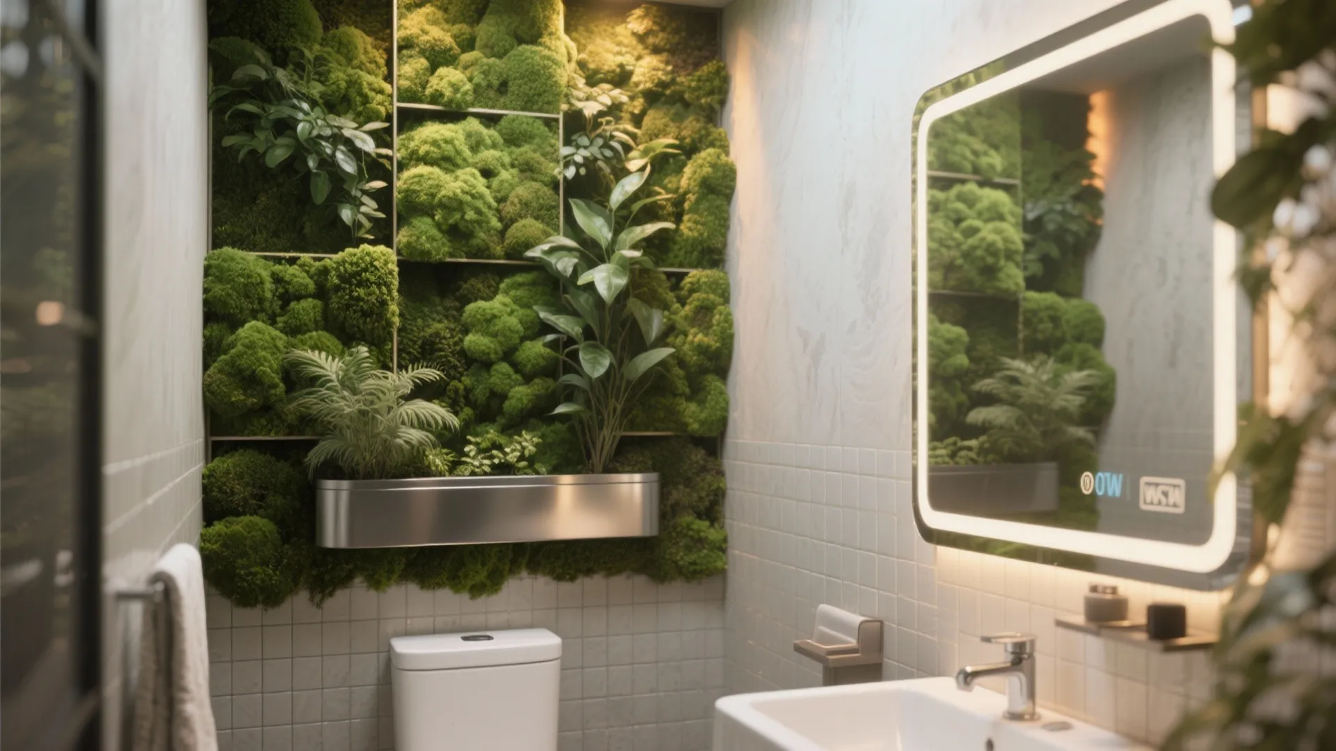 Modern bathroom design featuring a green moss wall behind the toilet and a lighted mirror
