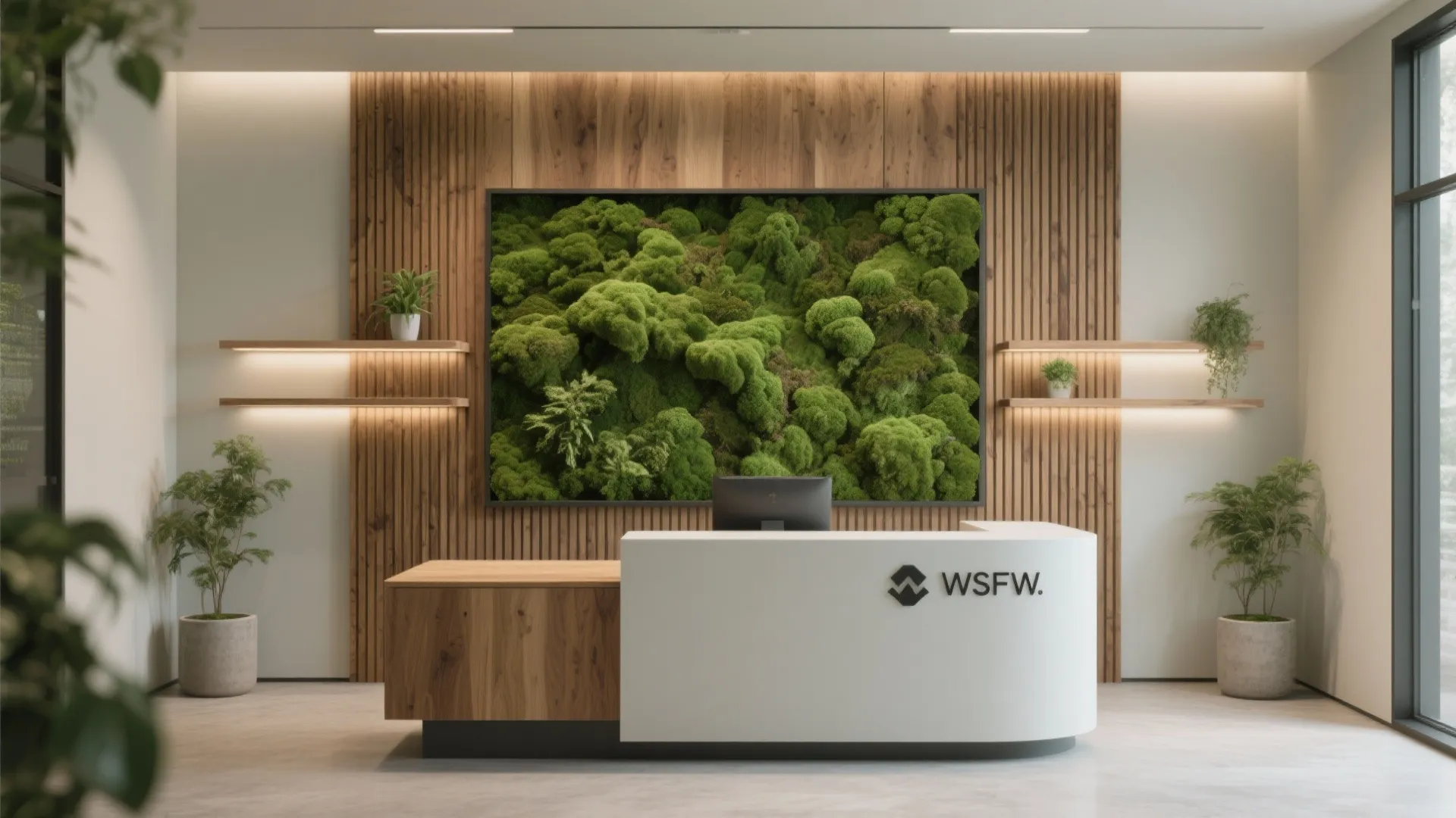 Modern office reception desk with wood wall panels featuring a large green moss wall art