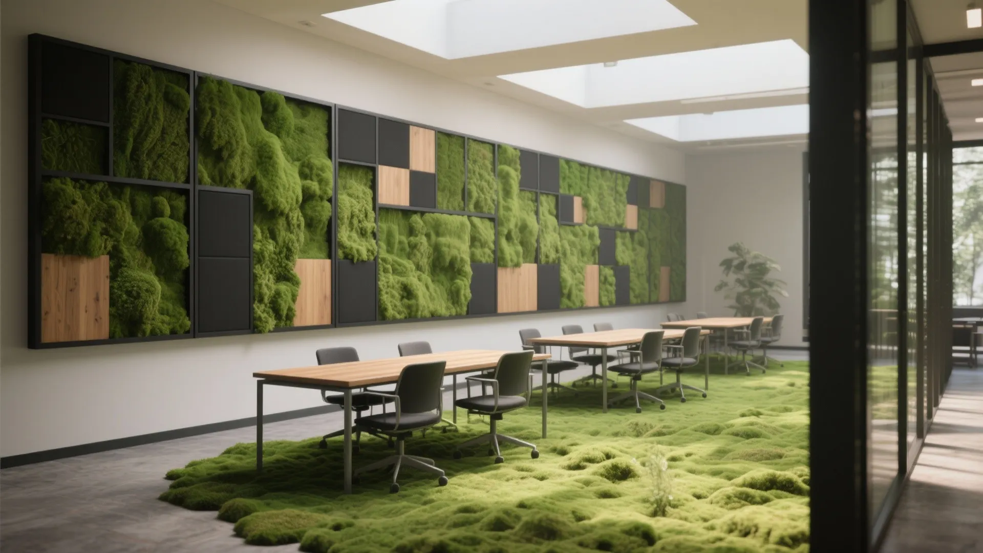 Modern office meeting room with green moss wall panels wooden tables and green moss carpet