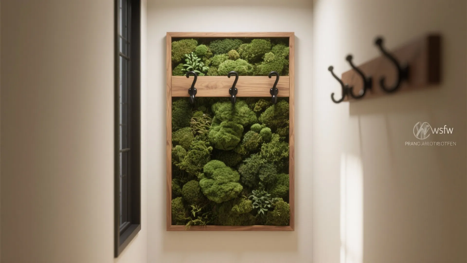 Hallway featuring a vertical green moss wall art frame with black hooks for hanging clothes