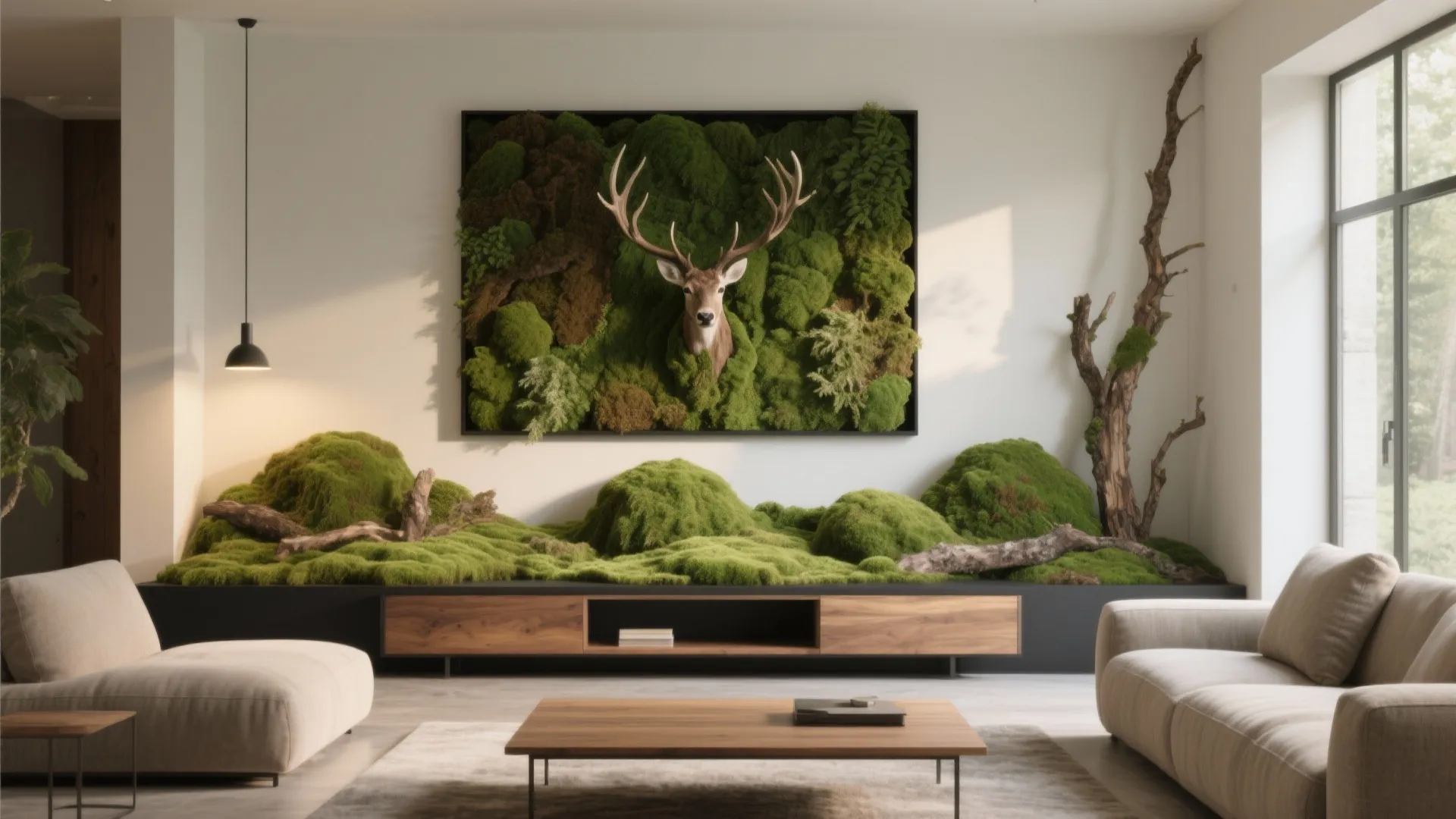 Modern living room featuring green moss wall art with deer head and wooden storage cabinet