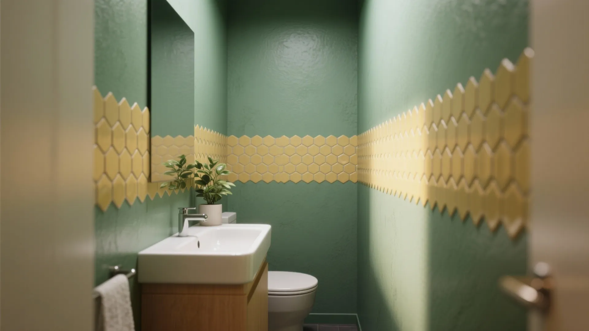 Modern bathroom with green walls yellow hexagon tiles white sink wooden cabinet and small green plant