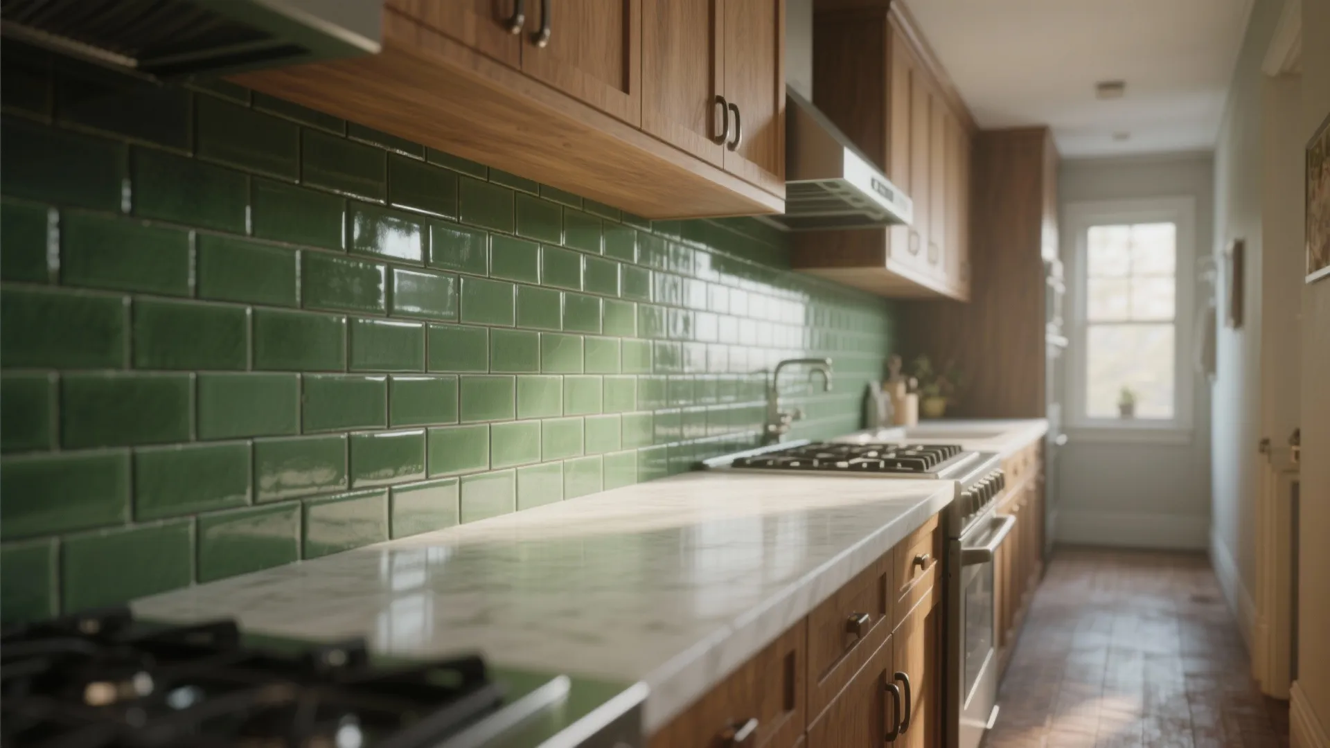 Galley kitchen with mossy green subway tiles and dark grout creating depth