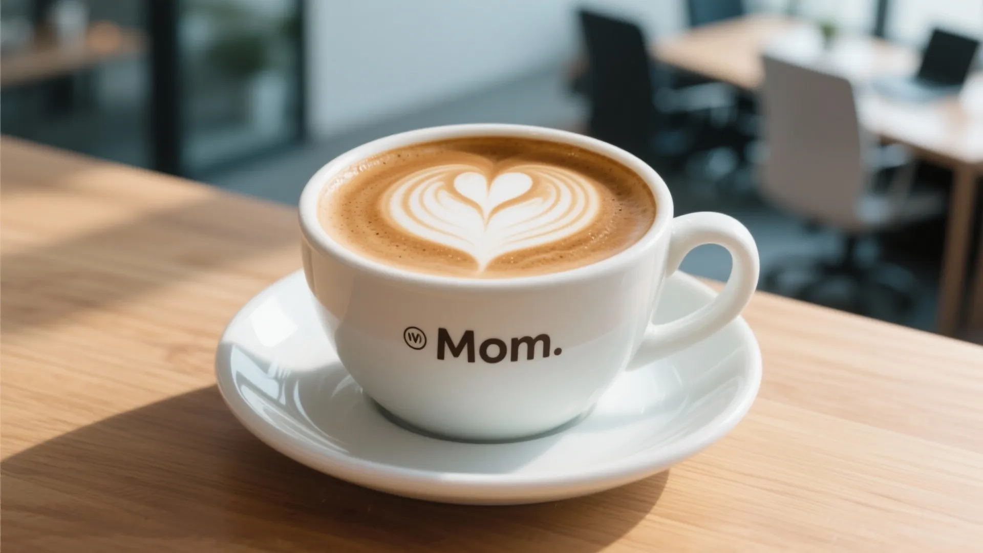 White coffee cup with heart latte art and Mom text on a light wood table