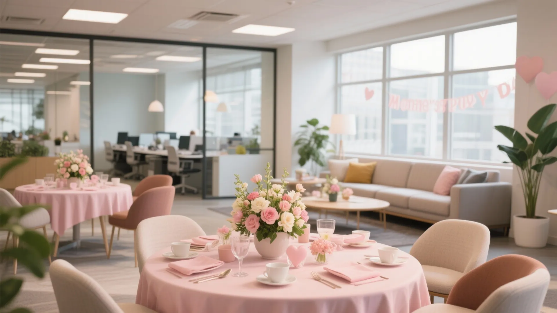 Modern office lounge area with pink tablecloths, flower bouquets, pink chairs, sofa, and glass partitions