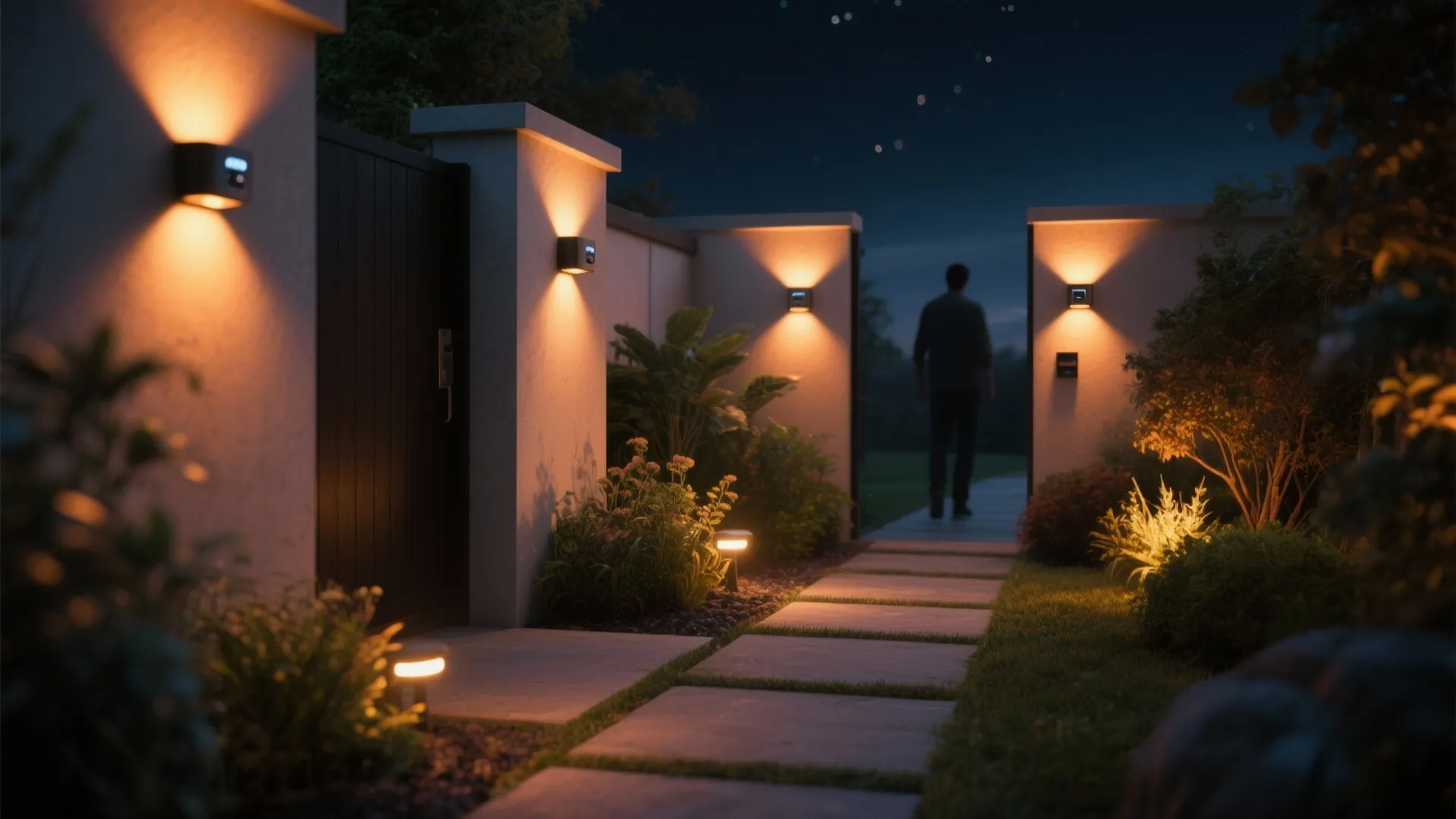 Motion-activated sconces lighting a garden path with warm selective pools of light