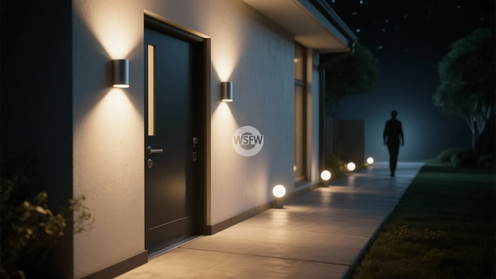 Modern house entrance with wall light fixtures and round floor lights along the garden path