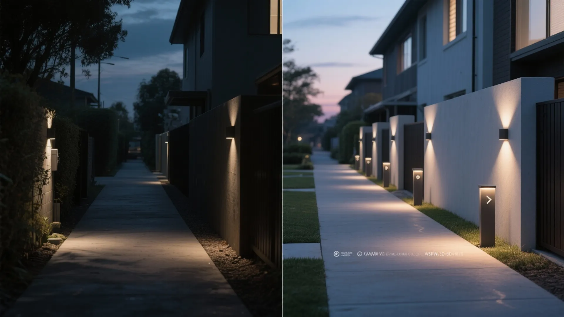 Before and after comparison of dark outdoor pathway versus bright walkway with warm wall lights