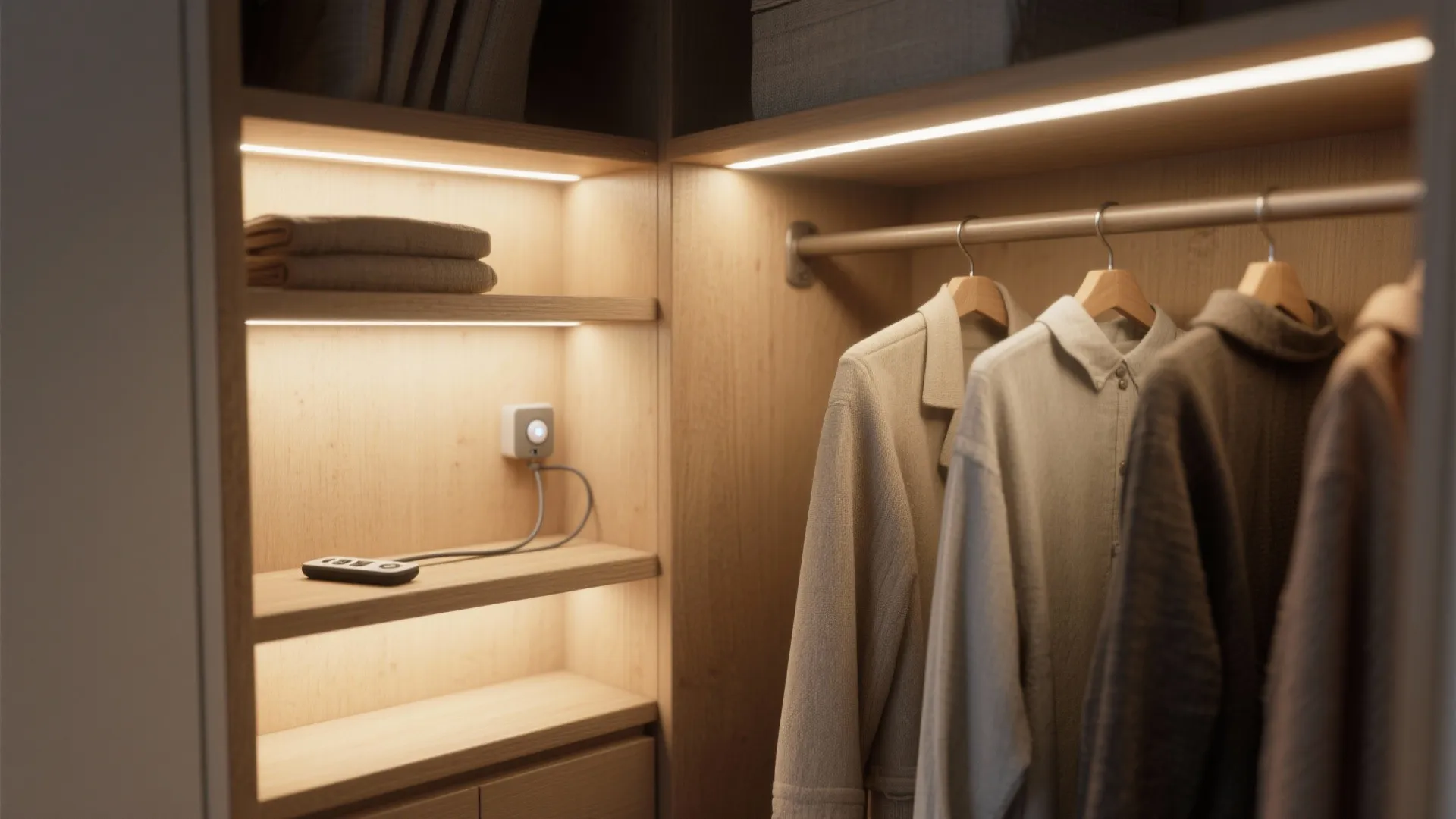 Wooden closet interior featuring hanging clothes and warm shelf lighting with a motion sensor installed