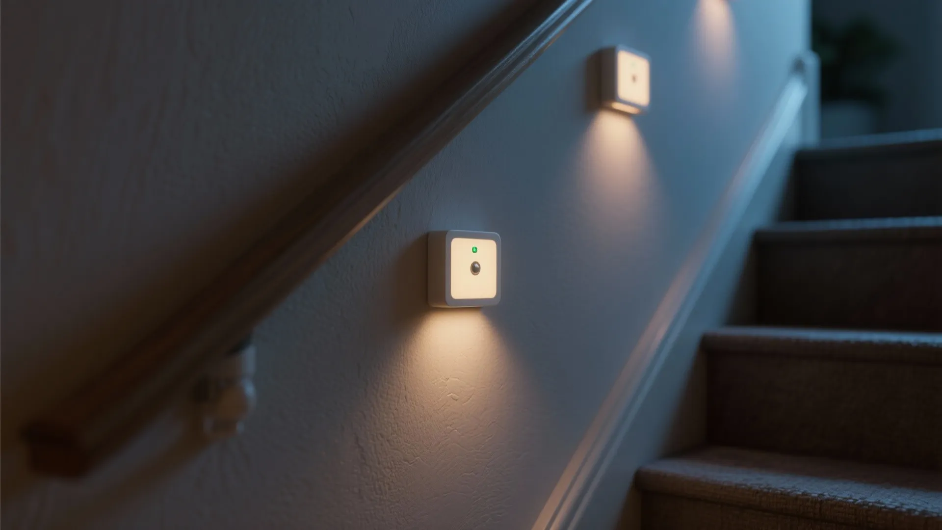 Embedded motion-sensor cube lights in a stair wall glowing softly for nighttime navigation.