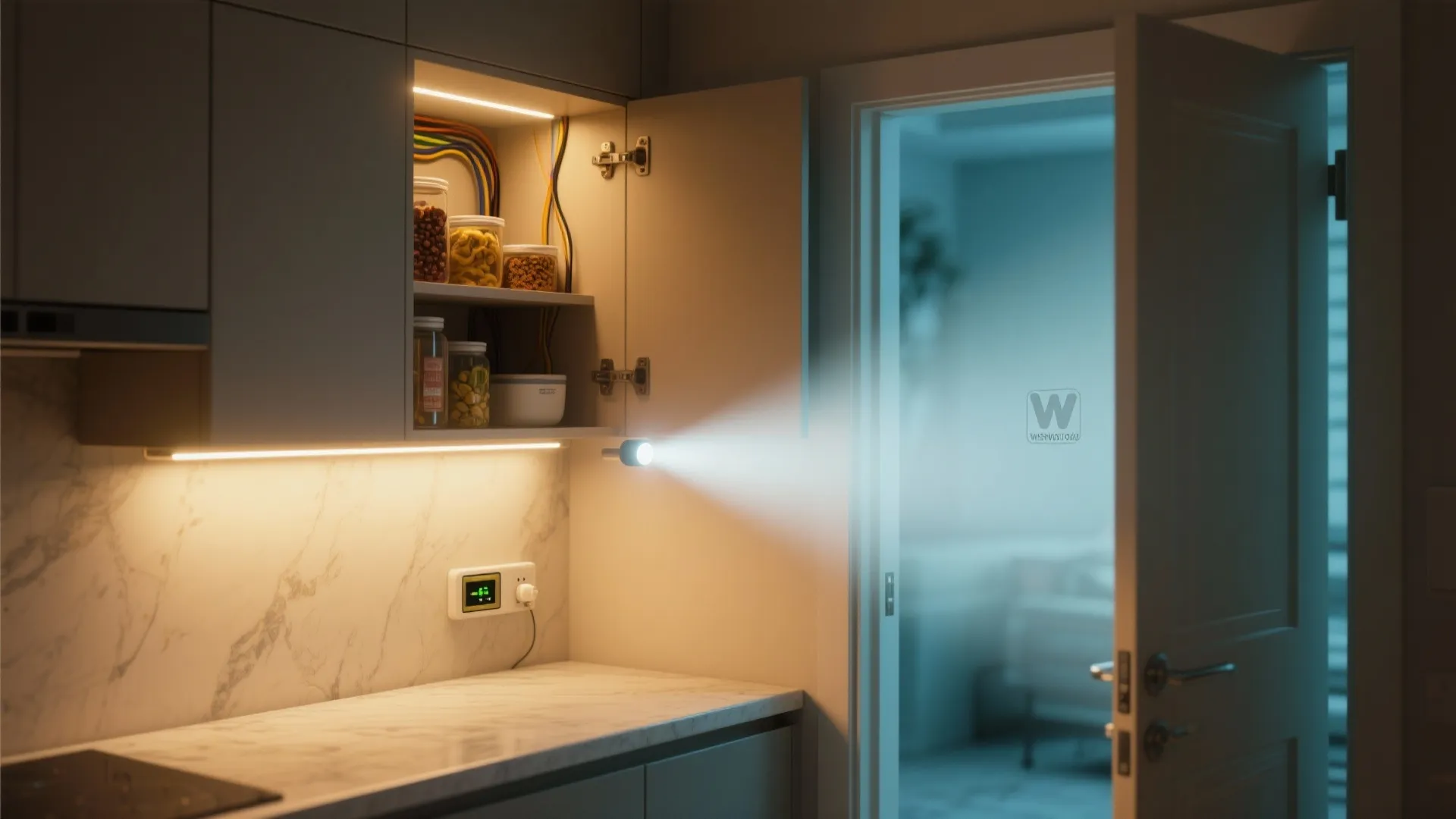Modern kitchen with marble counter and bright lights inside a cabinet filled with food jars
