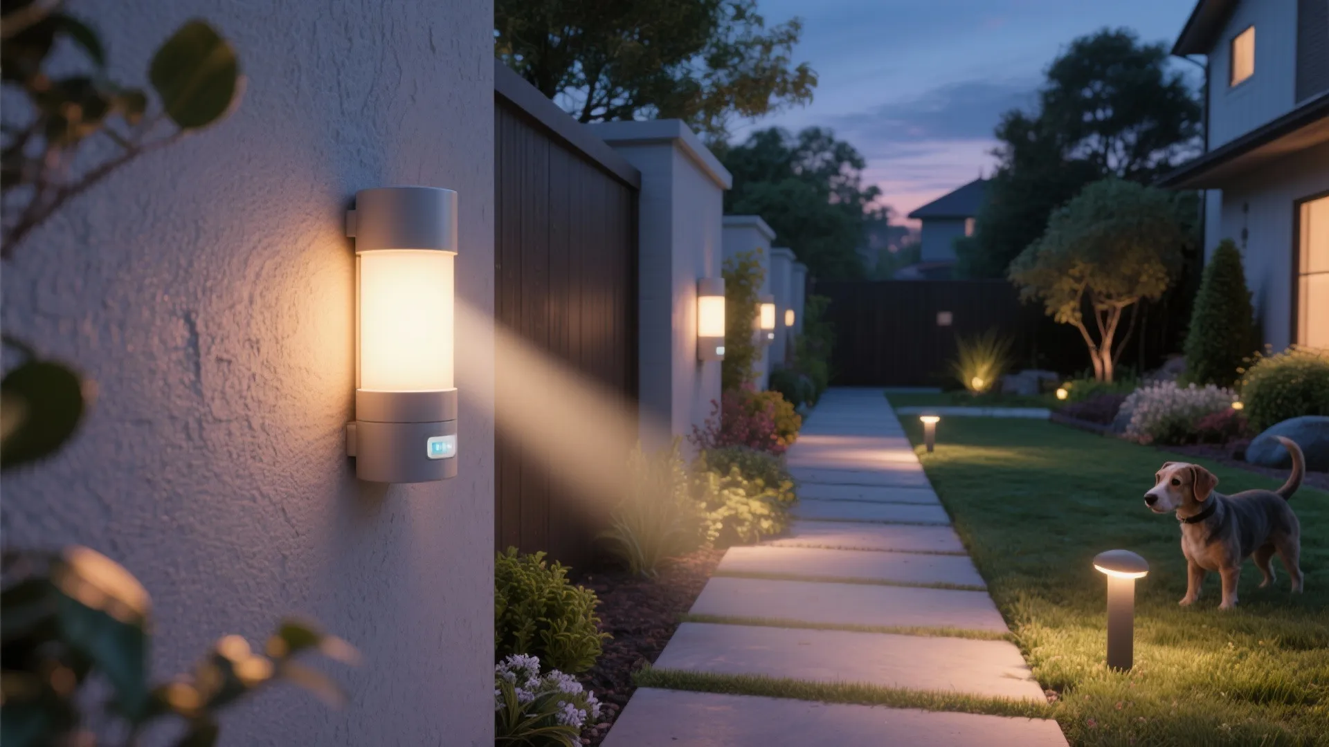 Pathway illuminated by a motion-activated cylindrical wall light highlighting the walking surface.