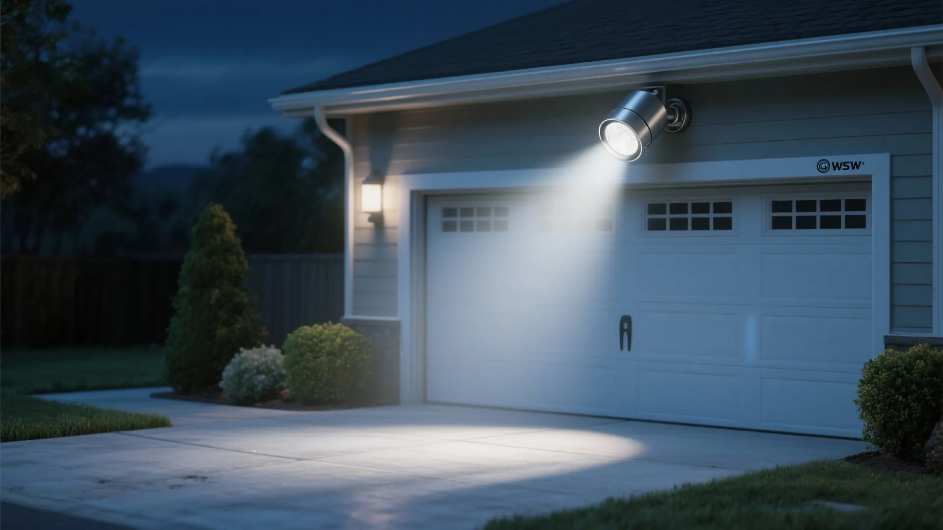 Modern exterior wall light illuminating a white garage door and concrete driveway at night time