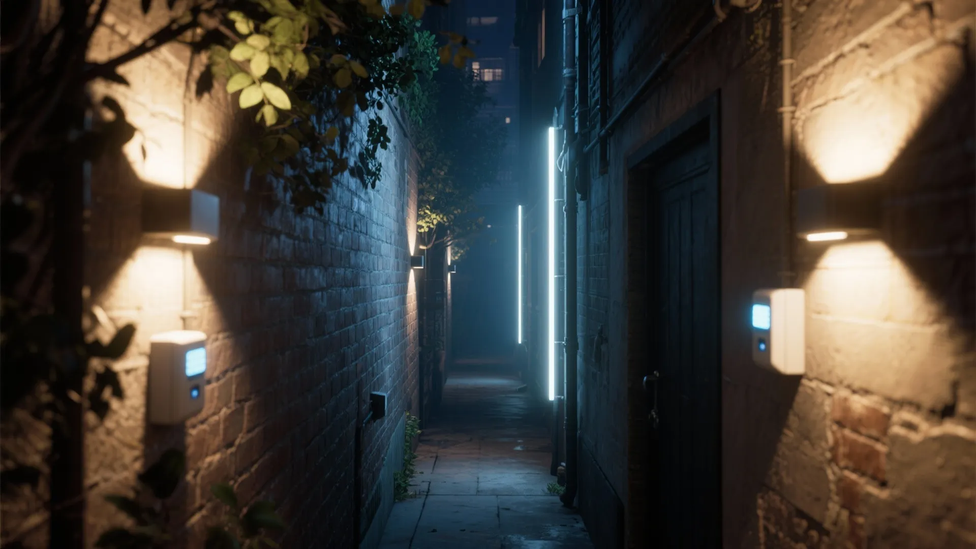 Narrow brick alleyway at night with warm wall lights and bright vertical blue light fixtures