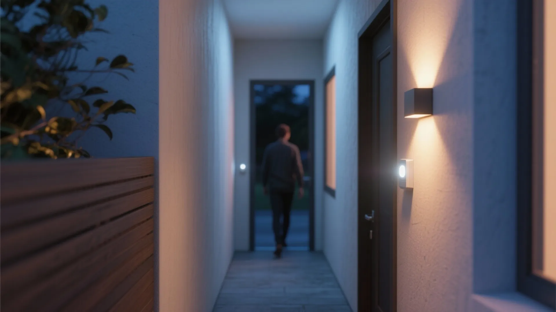 Narrow outdoor hallway with glowing wall lights and a person walking toward a dark door