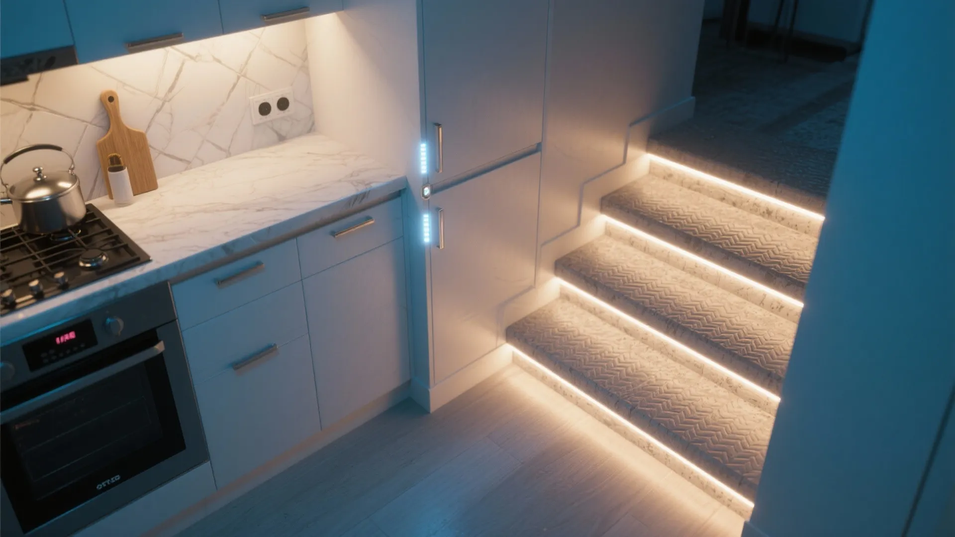 Modern kitchen with marble counter and stairs featuring warm led light strips for safety illumination