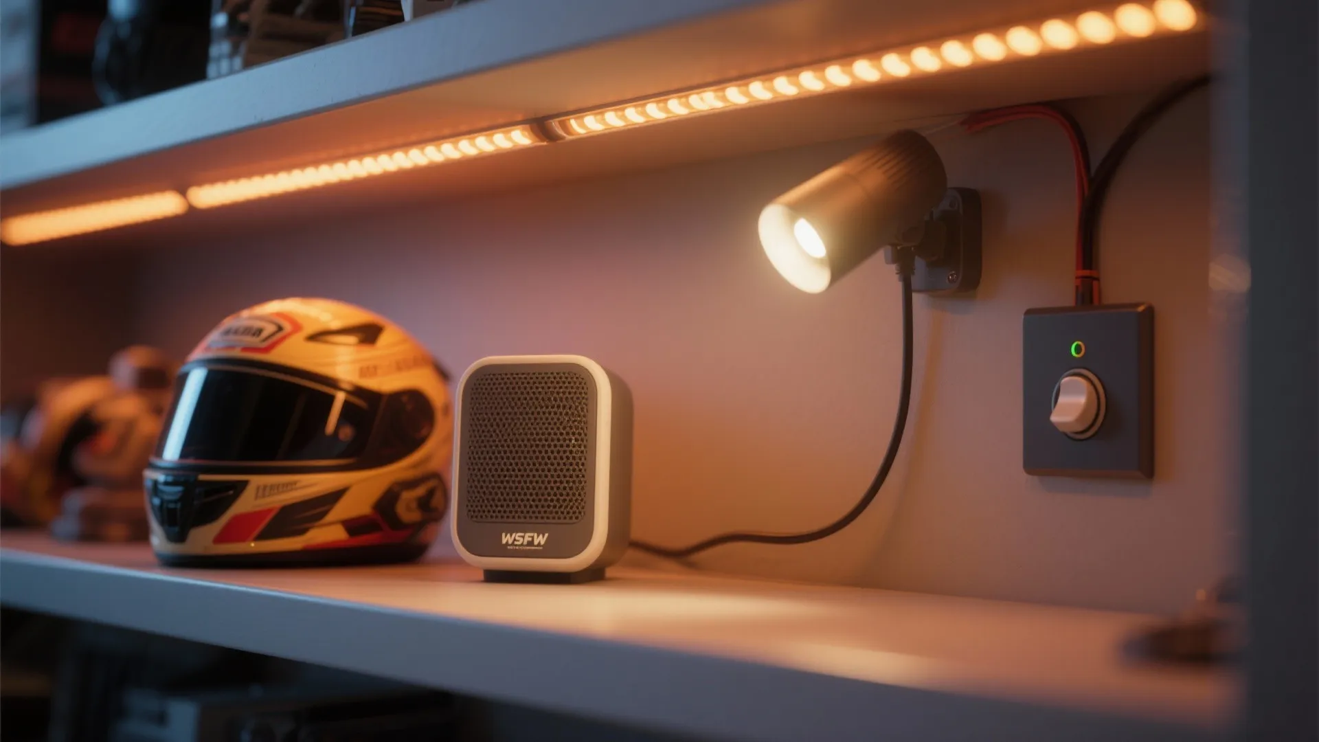 Shelf with helmet small speaker and wall light fixture including light strip and power switch panel