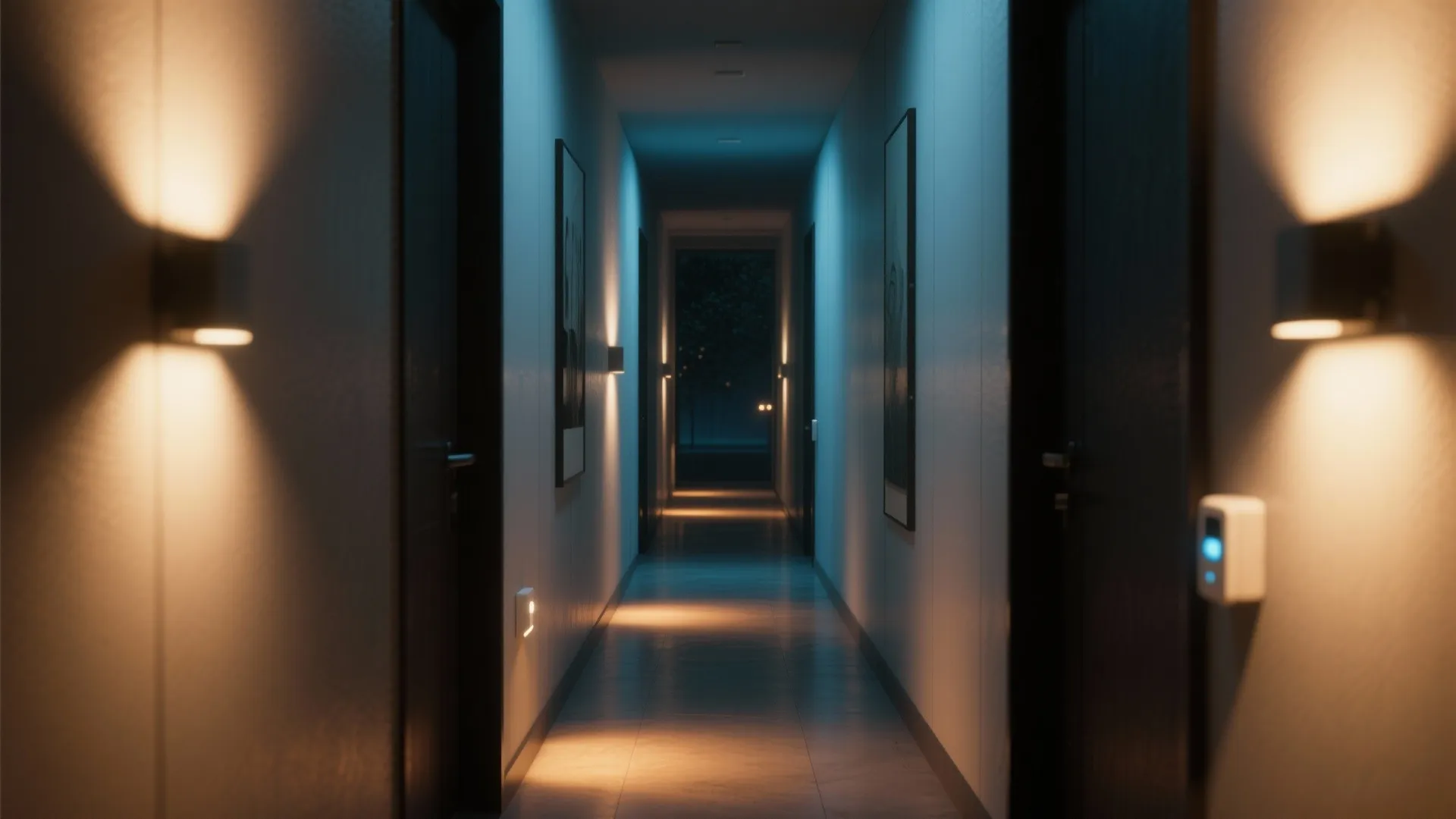 Narrow hallway softly lit by motion-activated wall lights creating safe, warm path lighting