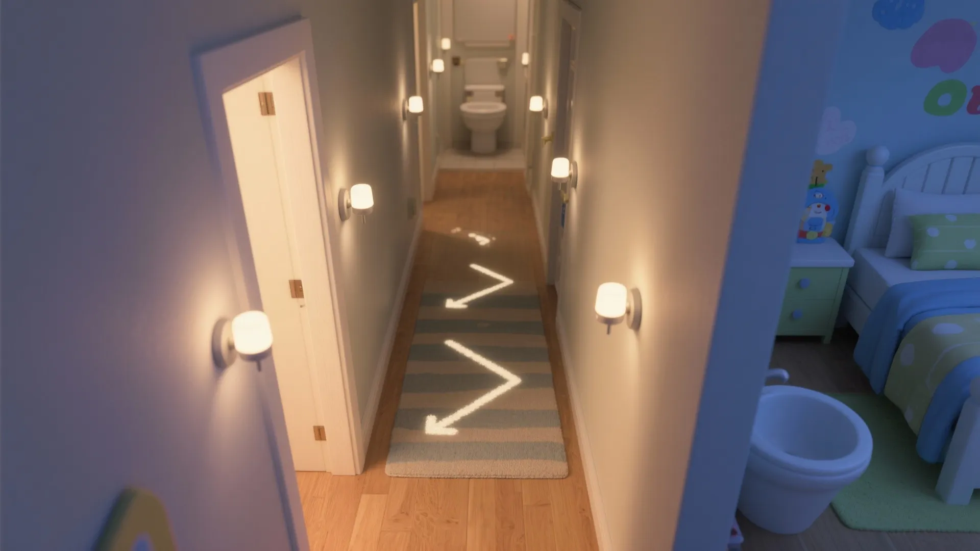 Top-down view of motion-sensor nightlight sconces guiding a child-friendly hallway.