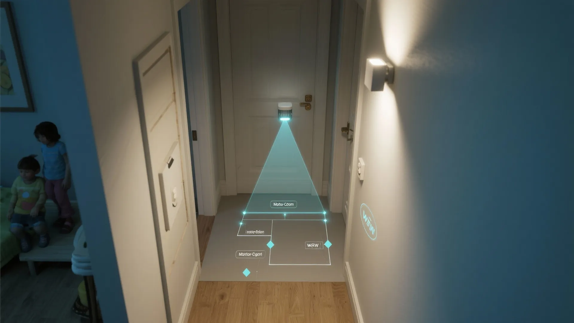 Smart motion sensor light in a hallway projecting a blue light beam onto the floor area
