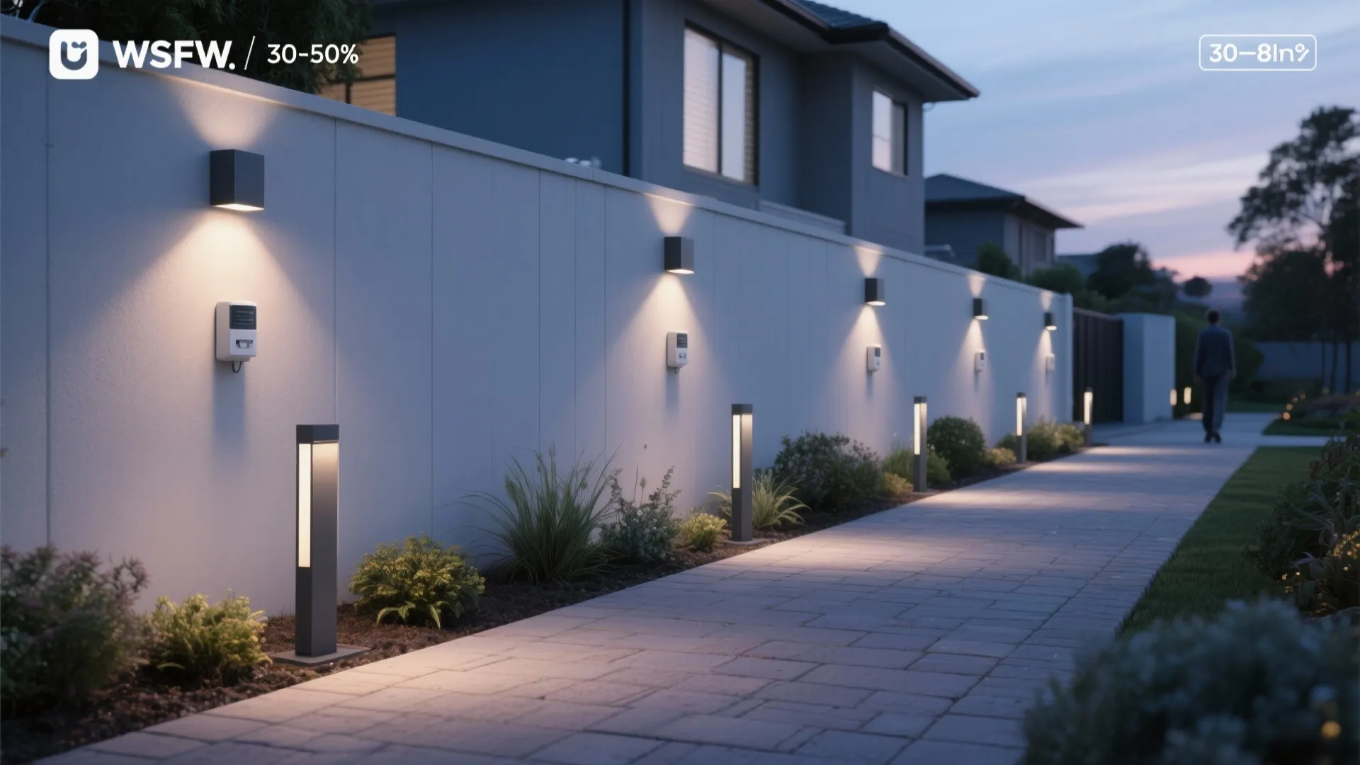Row of tall floor lights and wall light fixtures along a long white garden fence walkway