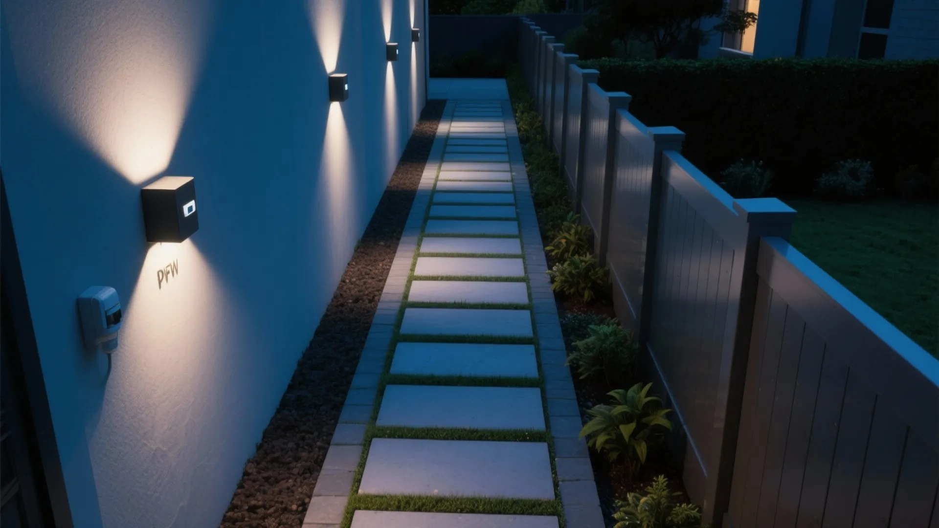 Top-down view of a narrow path with motion-sensor wall lights gently brightening along the route.