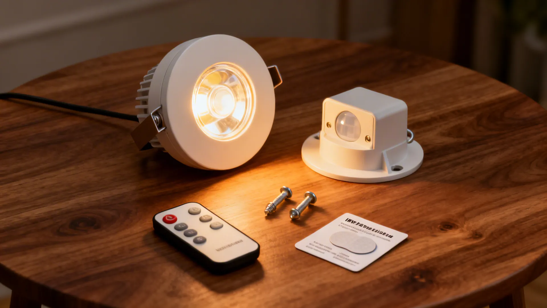 Remote-dimmable LED puck with motion sensor shown with remote and mounting accessories.