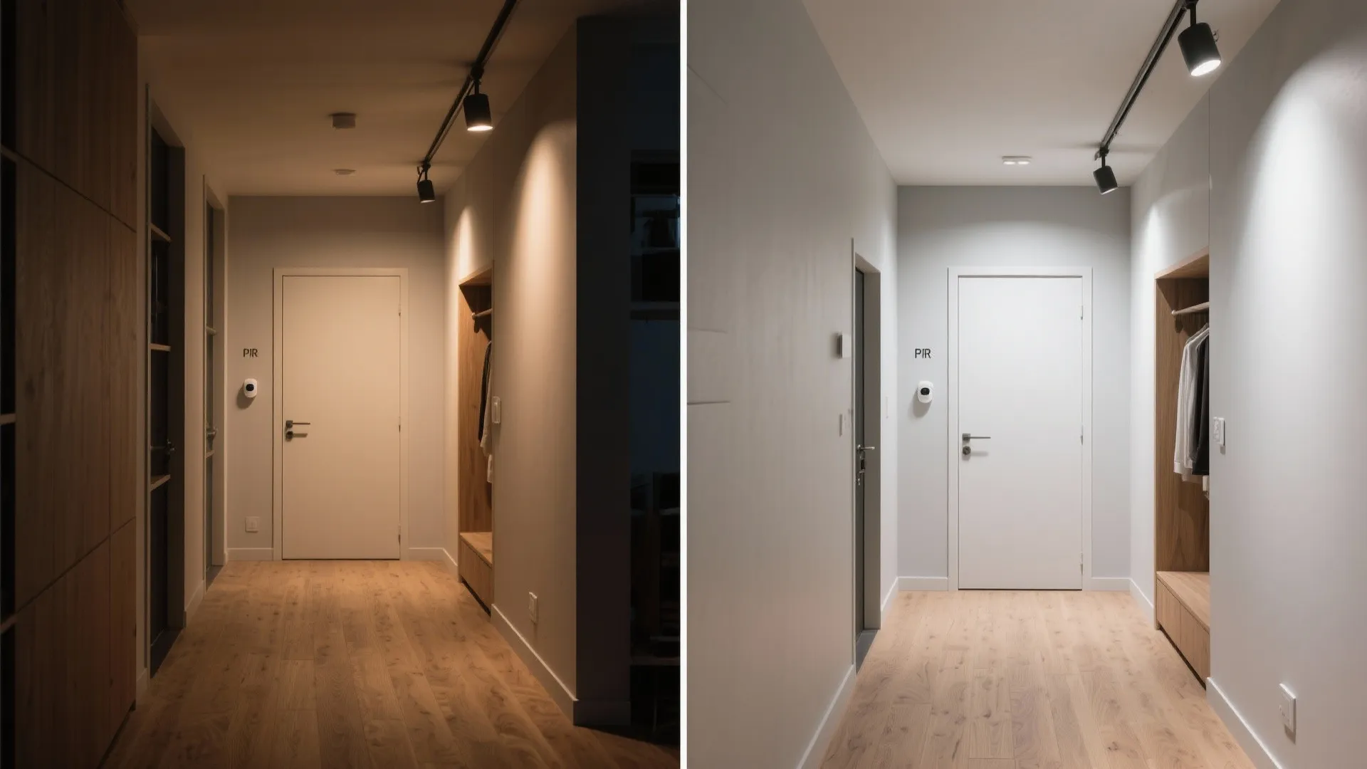 Micro studio entry with motion sensor showing warm night path and bright day task lighting.