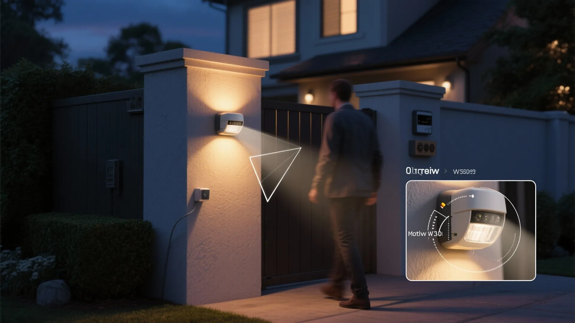 Motion-activated accent light illuminating a gate as a person approaches, showing detection zone concept