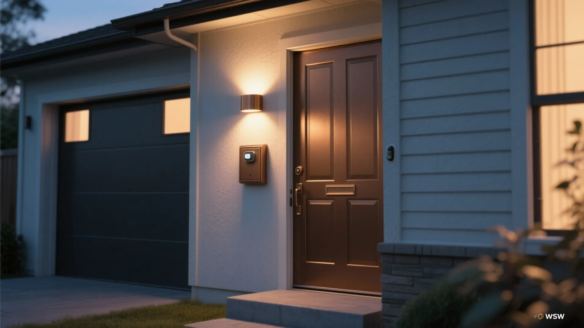 Modern brown front door at night with a bronze wall light and a motion sensor