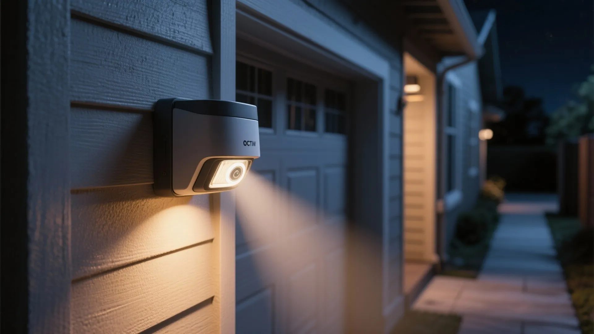 Close up of a security camera with integrated light fixture mounted on a white wall