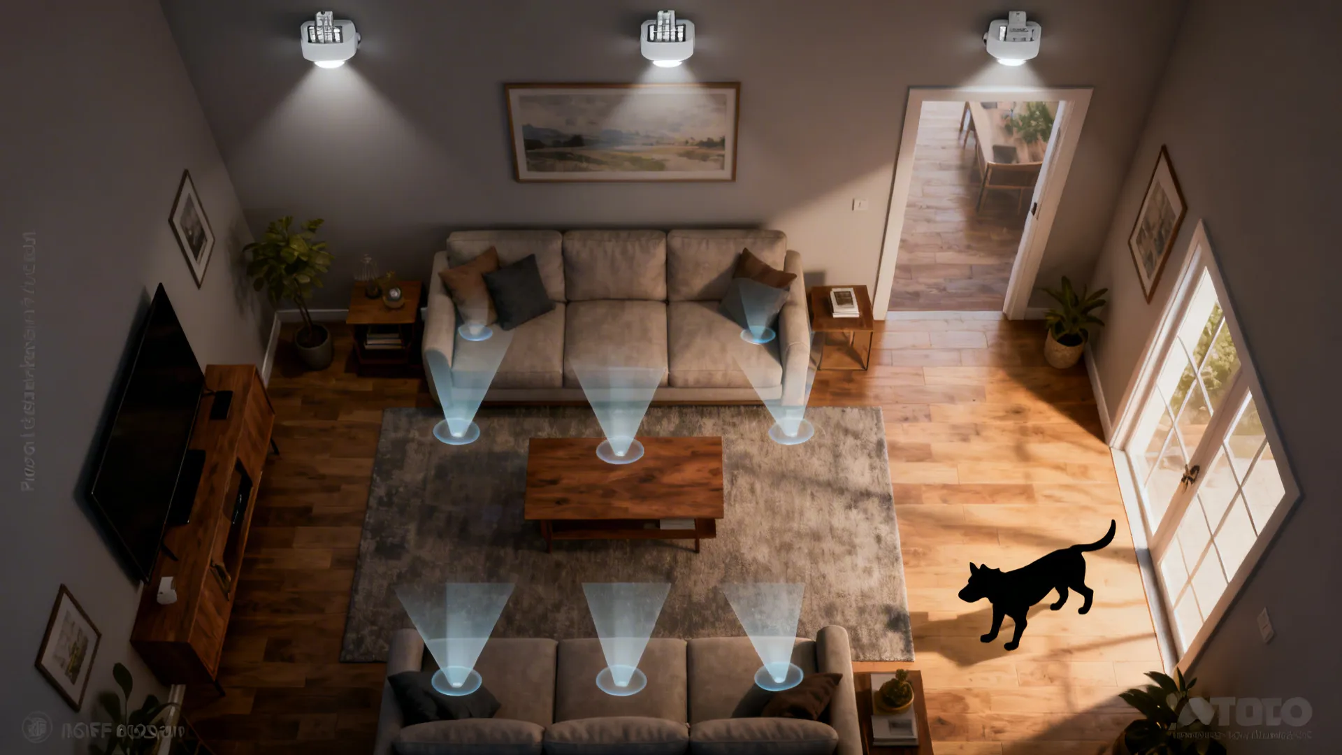 Top-down floor plan render showing motion-sensor battery lights and coverage areas in a small living room.