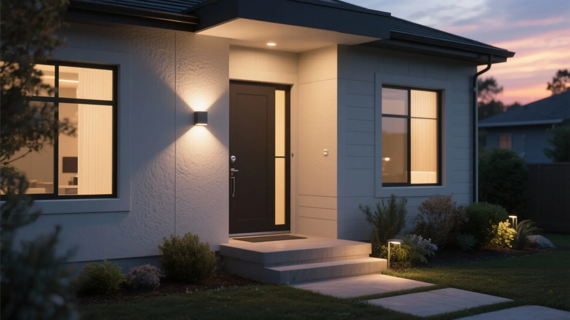 Modern house entrance at sunset with a black front door and warm wall light fixtures