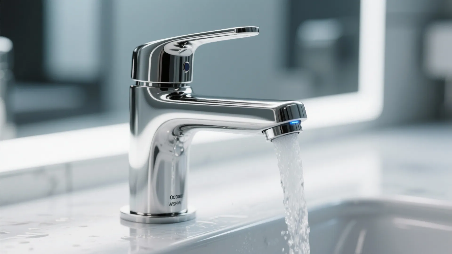 Chrome water tap with blue sensor light running water into a white bathroom sink basin