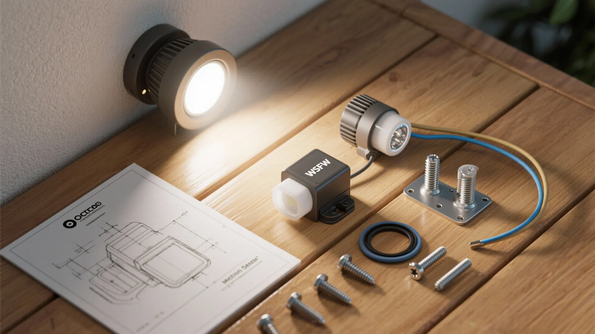 Small wall light parts with screws and design paper on a wooden table for home installation