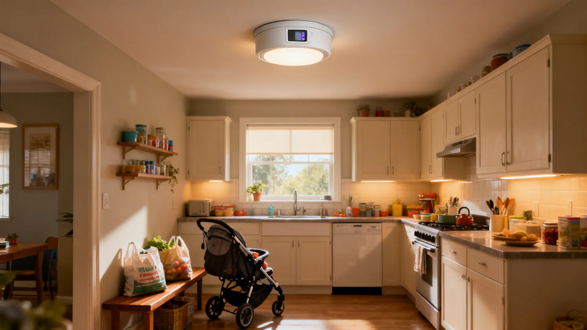 Family kitchen with a motion-sensor flush mount providing hands-free warm light.