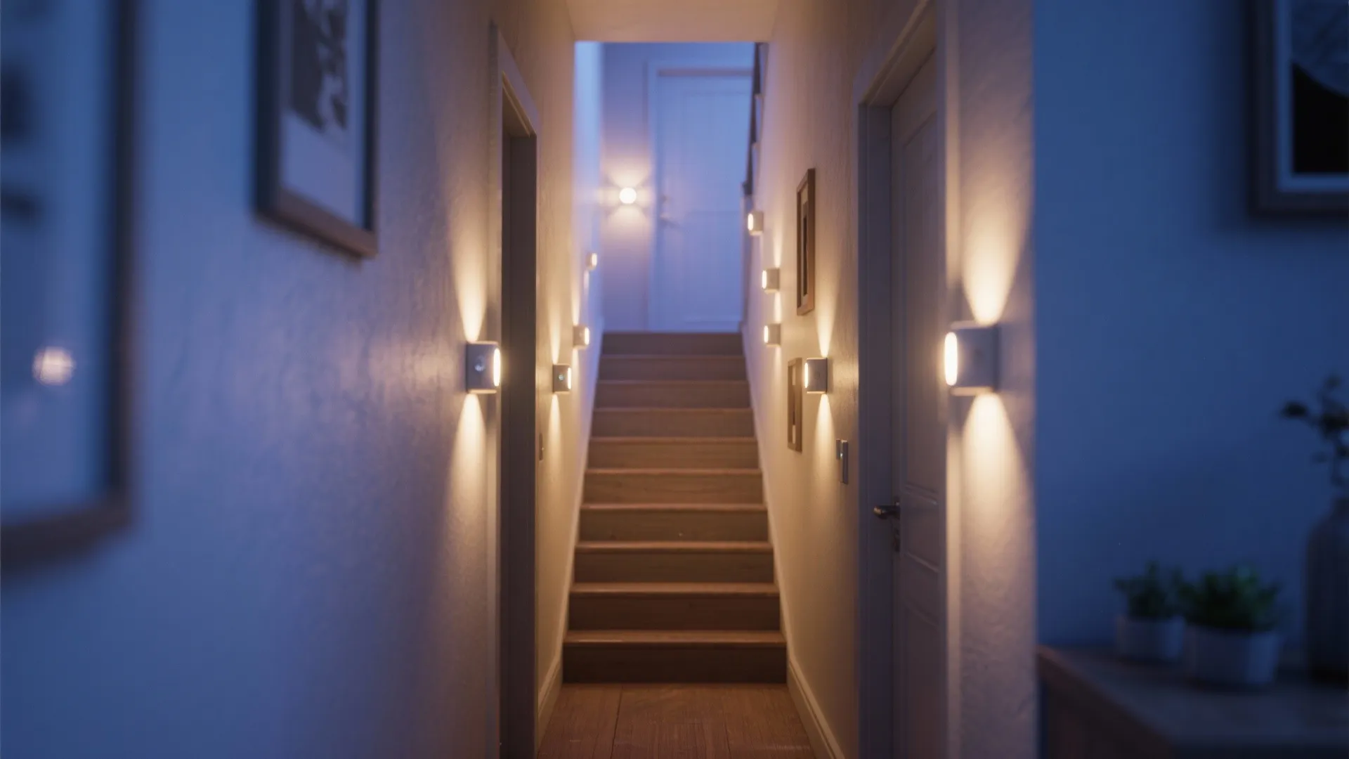 Narrow hallway with wooden stairs and several small wall lights providing warm light on walls
