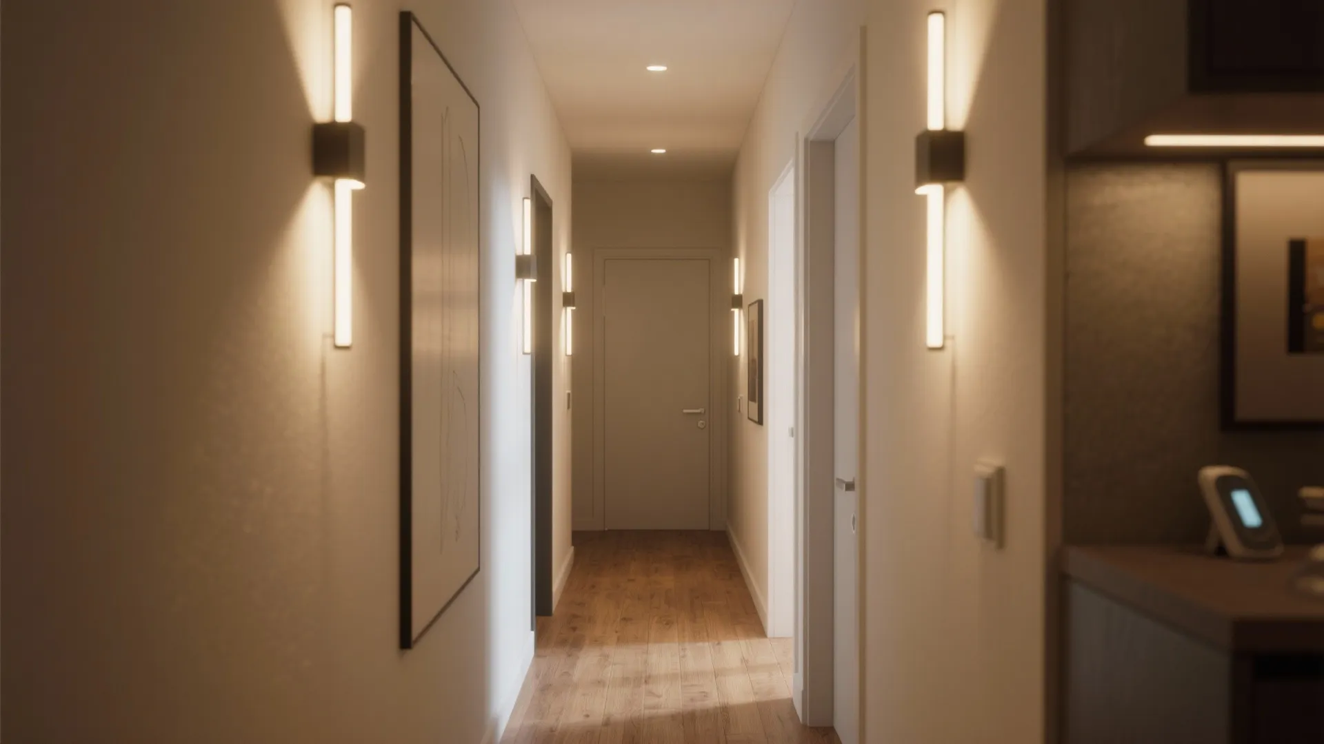 Long narrow hallway with vertical wall lights on white walls and wooden floor interior view