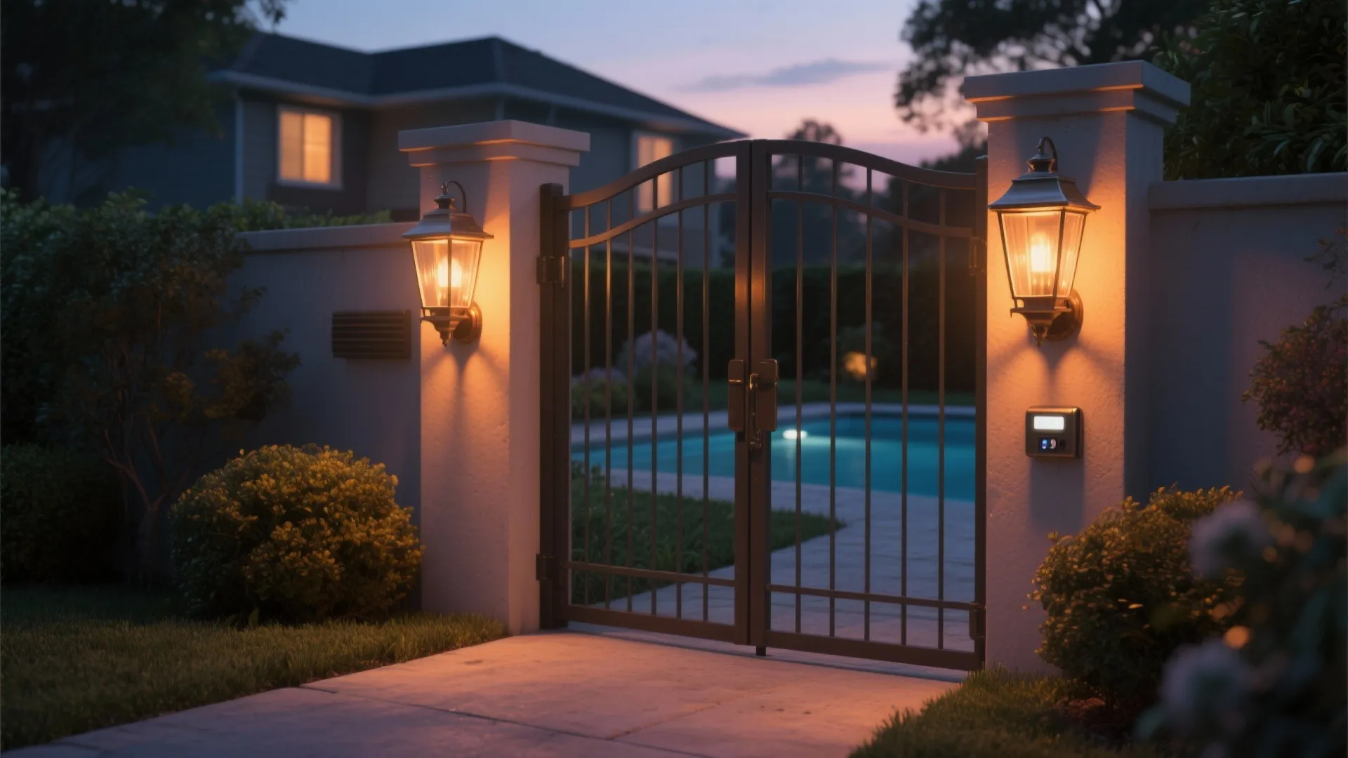 Black metal yard gate with two warm wall lights on white pillars during the evening sunset